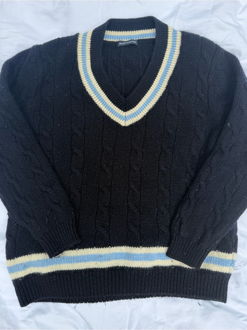 Brandy Melville Navy Blue Cable-Knit V-Neck Sweater with Cream & Light Blue Trim